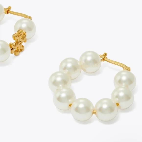 Tory Burch Kira Pearl Hoop Earring Womens Designer Earrings - Picture 2 of 3